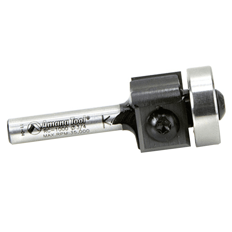 Amana's flush trimming bit with four cutting edges per knife for easy mid-job replacements