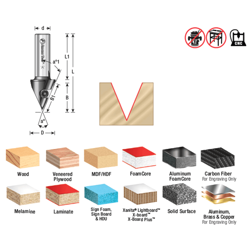 7/8" x 2-9/16" 50° CNC Insert V-Groove Router Bit, 1-Flute, 1/2" Shank Alt 1 - Image