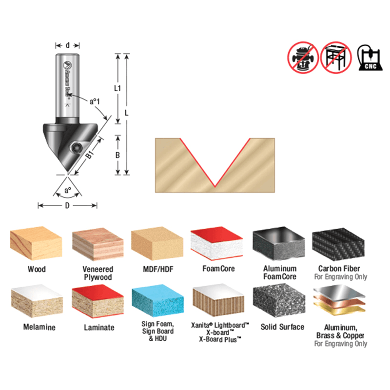 1-7/32" x 2-9/16" 70° CNC Insert V-Groove Router Bit, 1-Flute, 1/2" Shank Alt 1 - Image