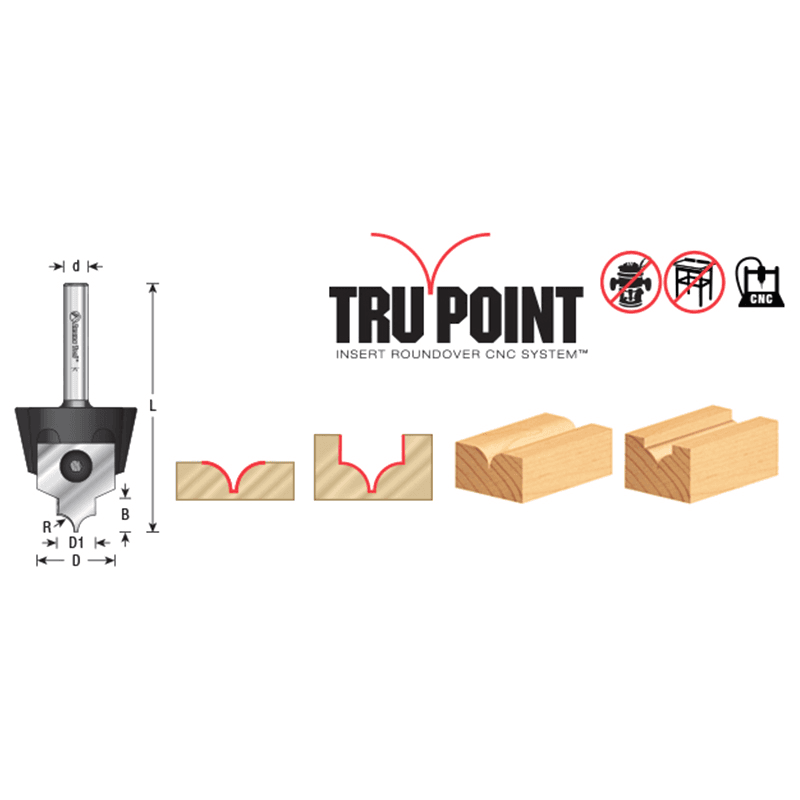 RC-1054 3/16" Radius x 7/8" x 3/8" Tru Point Roundover Insert CNC System Router Bit, 1/4" Shank Alt 1 - Image