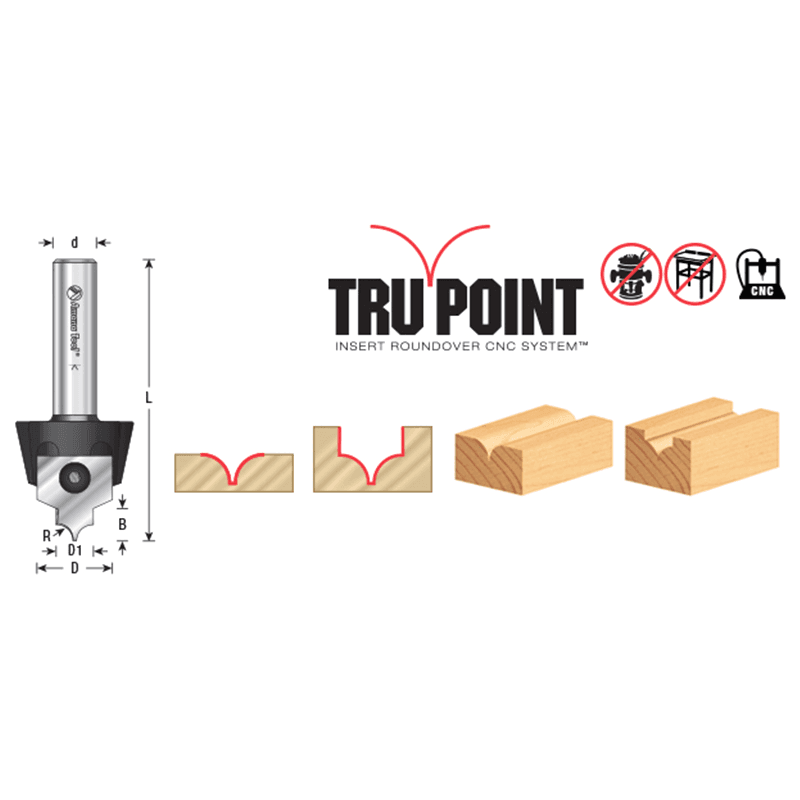 RC-1057 3/16" Radius x 7/8" x 3/8" Tru Point Roundover Insert CNC System Router Bit, 1/2" Shank Alt 1 - Image