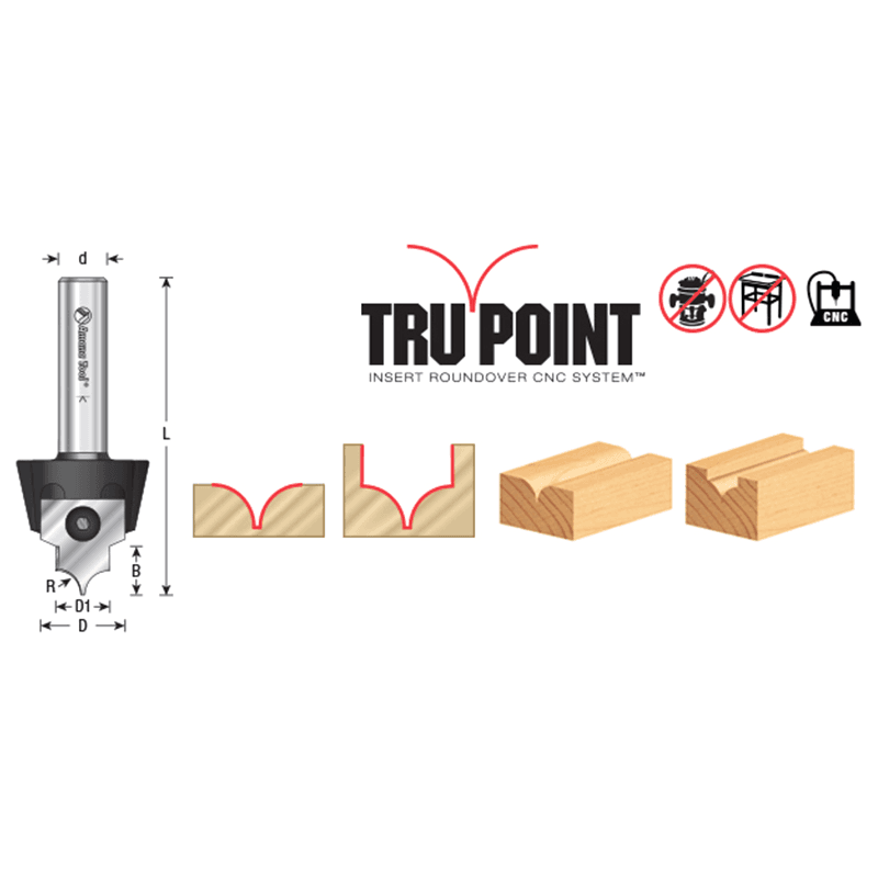 RC-1063 3/8" Radius x 7/8" x 3/8" Tru Point Roundover Insert CNC System Router Bit, 1/2" Inch Shank Alt 1 - Image