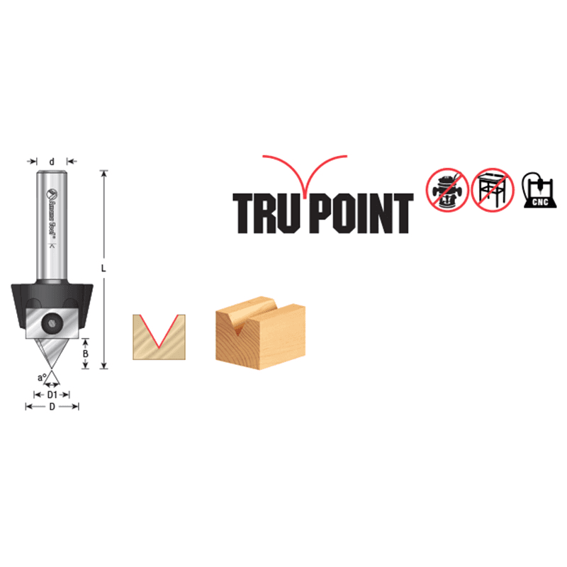 RC-1065 7/8" x 1/2" 60° Tru Point CNC System Insert V-Groove Router Bit, 1/2" Shank Alt 1 - Image