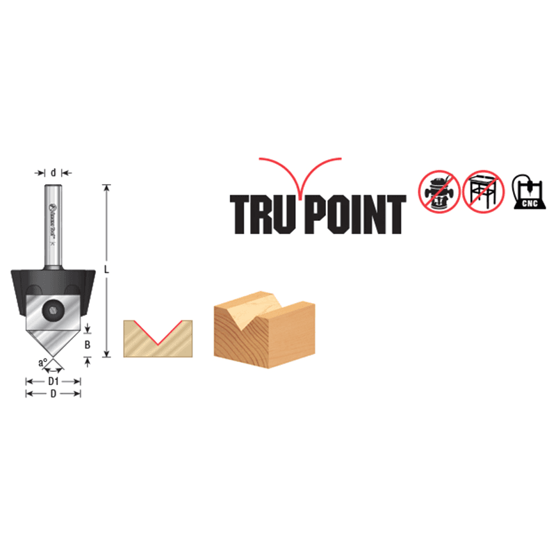 RC-1066 7/8" x 3/8" 90° Tru Point CNC System Insert V-Groove Router Bit, 1/4" Shank Alt 1 - Image
