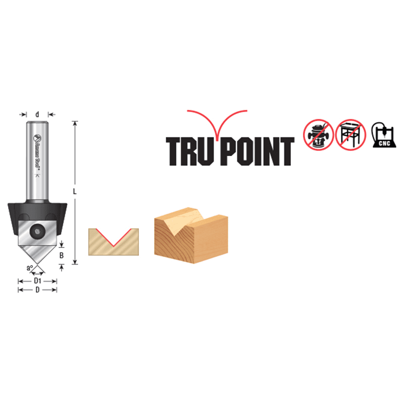 RC-1067 7/8" x 3/8" 90° Tru Point CNC System Insert V-Groove Router Bit, 1/2" Shank Alt 1 - Image