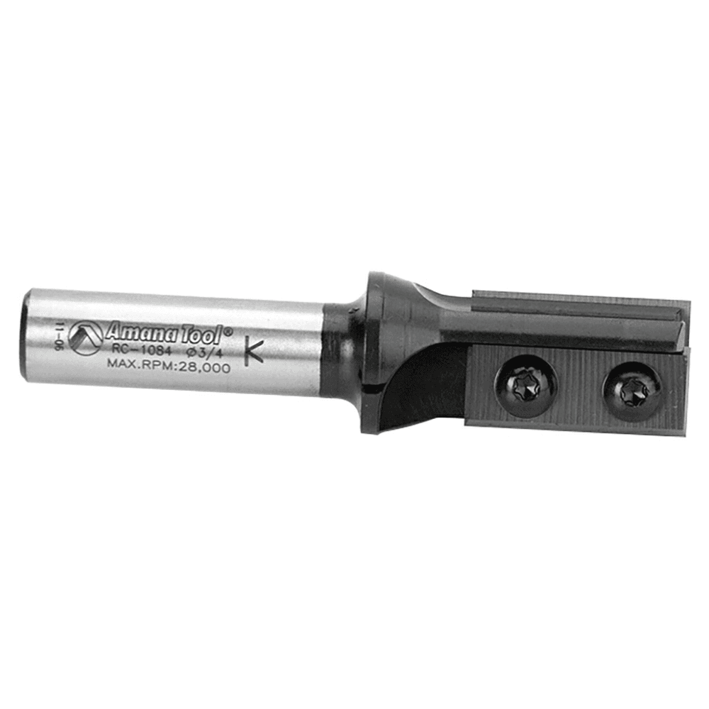 Amana 2-flute straight bit with plunge action and 1/2" shank for precise cuts in woodworking