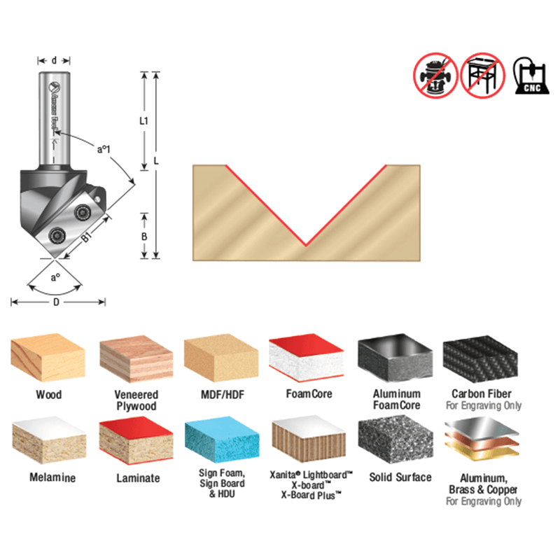 1-1/2" x 3" 91° CNC Insert V-Groove Router Bit, 1-Flute, 1/2" Shank Alt 1 - Image