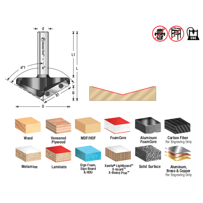 Insert V-Groove 150° x 19/64 x 1/2" Shank CNC Router Bit Alt 1 - Image