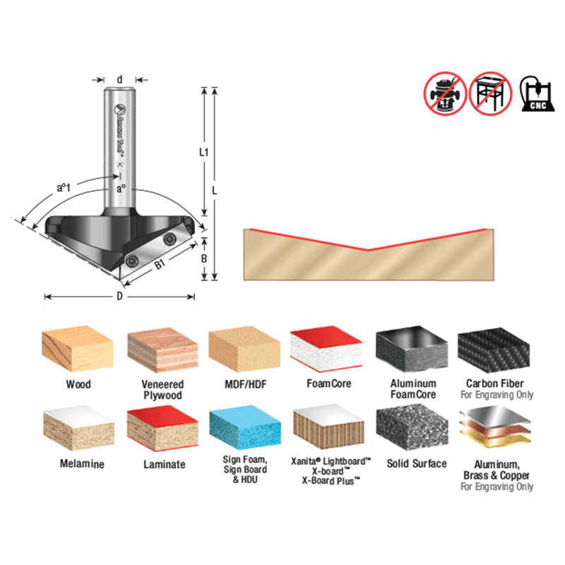 Insert V-Groove 140° x 3-5/64 Dia x 1/2 x 1/2" Shank CNC Router Bit Alt 1 - Image