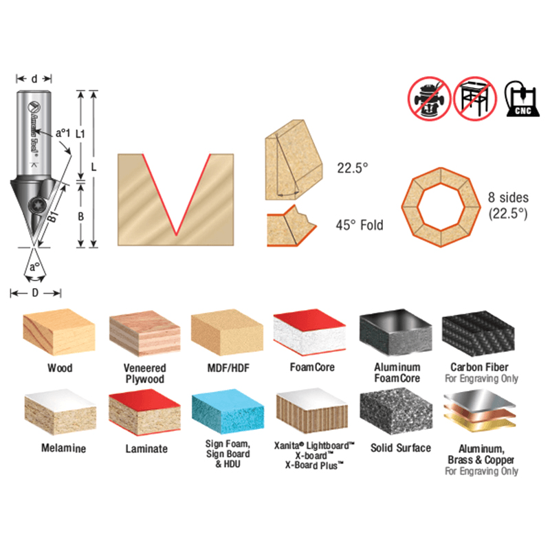 21mm x 59mm 45° CNC Insert V-Groove Router Bit, 1-Flute, 6mm Shank Alt 1 - Image