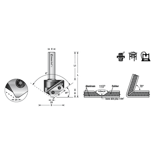 2mm Tip x 37/64" x 1-47/64" Dia Solid Carbide Insert Knife 110° Double Edge Folding V-Groove Bit for Shaping Composite Panels, 1/2" Shank Alt 1 - Image