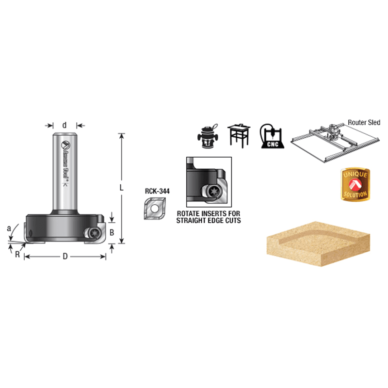 1-3/4" Dia x 15/32" Insert Carbide Spoilboard Surfacing, Rabbeting, Flycutter, Slab Leveler/Surface Planer 1/8" Radius, 1/2" Shank Alt 1 - Image