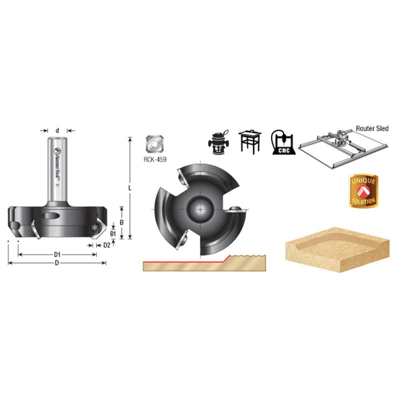 RC-2261 2-1/2" x 53/64" Insert Carbide 3 Wing/Flute, Heavy Duty Spoilboard Plunging, Surfacing, Planing, Flycutter/Slab Leveler Router Bit, 1/2" Shank with Anti-Kick Back Alt 1 - Image