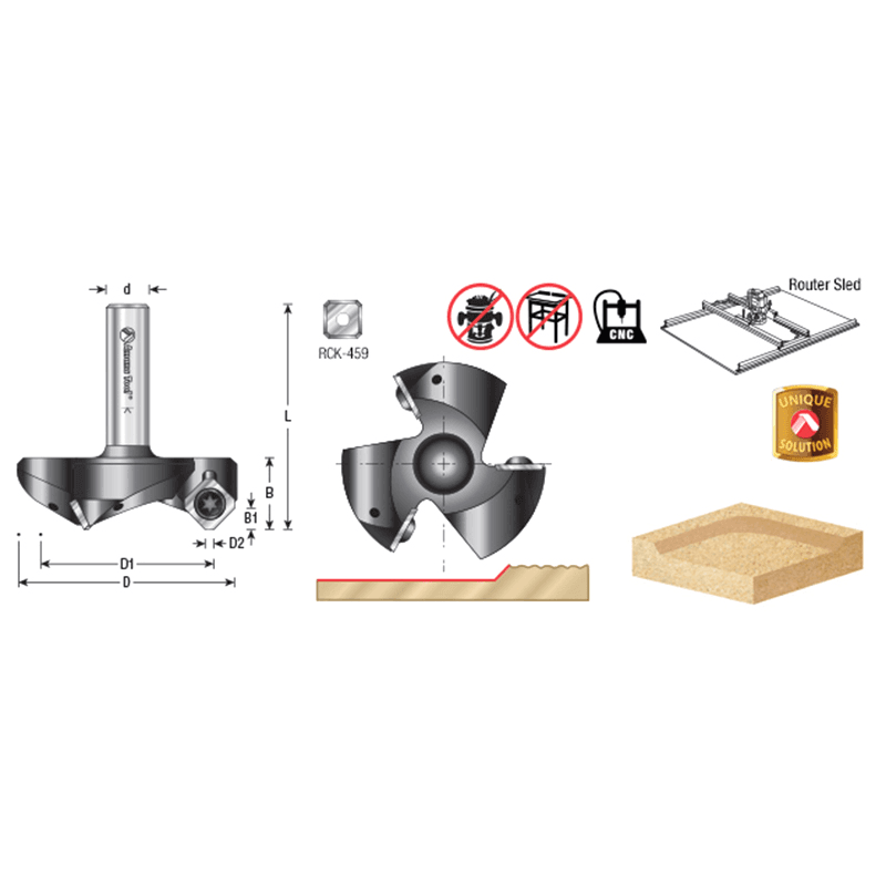 RC-2263 2-3/4" x 53/64" CNC Insert Carbide 3 Wing/Flute, Heavy Duty Spoilboard Plunging, Surfacing, Planing, Flycutter/Slab Leveler Router Bit, 1/2" Shank Alt 1 - Image