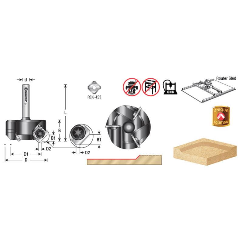RC-2265 1-1/2" x 3/4" CNC Insert Carbide 3 Wing/Flute, Heavy Duty Spoilboard Plunging, Surfacing, Planing, Flycutter/Slab Leveler Router Bit, 1/4" Shank Alt 1 - Image