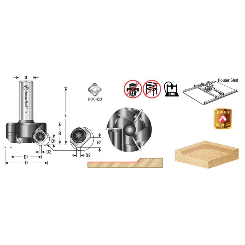 RC-2267 1-3/4" x 3/4" CNC Insert Carbide 3 Wing/Flute, Heavy Duty Spoilboard Plunging, Surfacing, Planing, Flycutter/Slab Leveler Router Bit, 1/2" Shank Alt 1 - Image