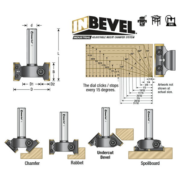 2" Dia x 31/32" In-Bevel Insert Adjustable Chamfer Router Bit for CNC Handheld/Router Table, 1/2" Shank Alt 12 - Image