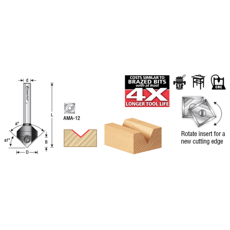 RC-45711-M 17.6mm x 8.5mm 90° In-Tech Insert V-Groove Router Bit, 1-Flute, 6mm Shank Alt 1 - Image