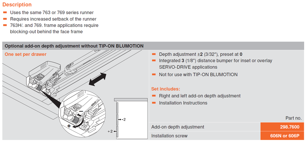 Blum Movento Drawer Runner with Depth Adjustment Device for concealed runner technology