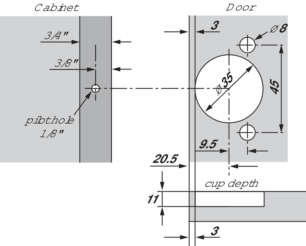 Compact 31C1 107&#730; Opening Wrap-Around Face Frame Hinge, 45mm Boring Pattern, Soft-Closing, 1-1/4" Overlay, Dowelled - Alt Image 1