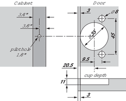 Compact 30C2 105˚ Opening Wrap-Around Face Frame Hinge, 45mm Boring Pattern, Soft-Closing, 3/4" Overlay, Dowelled - Alt Image 1