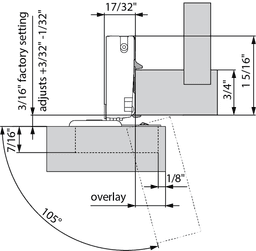 Compact 30C2 105˚ Opening Wrap-Around Face Frame Hinge, 45mm Boring Pattern, Soft-Closing, 3/4" Overlay, Dowelled - Alt Image 2