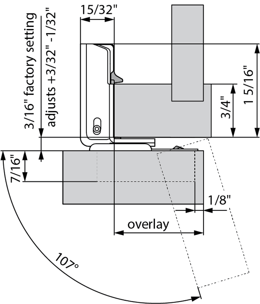 Compact 31C1 107&#730; Opening Wrap-Around Face Frame Hinge, 45mm Boring Pattern, Soft-Closing, 1-1/4" Overlay, Dowelled - Alt Image 2