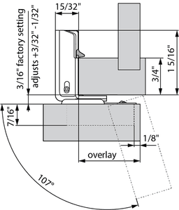 Compact 31C1 107&#730; Opening Wrap-Around Face Frame Hinge, 45mm Boring Pattern, Soft-Closing, 1-1/4" Overlay, Dowelled - Alt Image 2