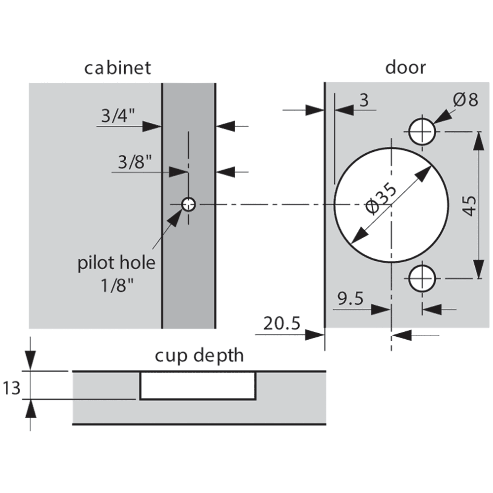 Compact 31C3 110&#730; Opening Wrap-Around Face Frame Hinge, 45mm Boring Pattern, Soft-Closing, 1-5/16" Overlay, Dowelled - Alt Image 1