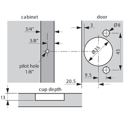 Compact 31C3 110&#730; Opening Wrap-Around Face Frame Hinge, 45mm Boring Pattern, Soft-Closing, 1-5/16" Overlay, Dowelled - Alt Image 1