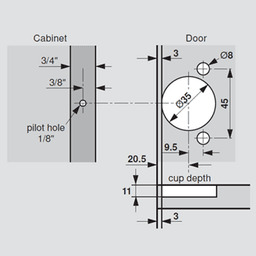 Compact 38C 107&#730; Opening Wrap-Around Face Frame Hinge, 45mm Boring Pattern with BLUMOTION Soft-Closing, 1-1/4" Overlay, Dowelled - Alt Image 1