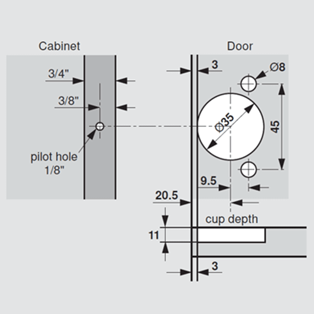 Compact 38C 107&#730; Opening Wrap-Around Face Frame Hinge, 45mm Boring Pattern, Self-Closing, 1-1/2" Overlay, Dowelled - Alt Image 1