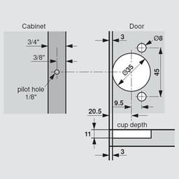 Compact 38C 107&#730; Opening Wrap-Around Face Frame Hinge, 45mm Boring Pattern, Self-Closing, 1-3/8" Overlay, Dowelled - Alt Image 2