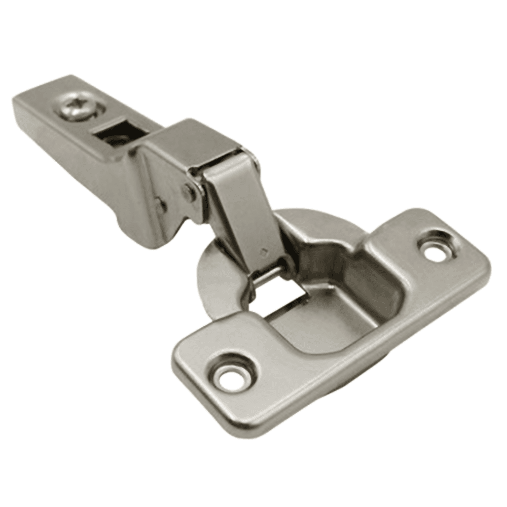 Clip 100° Opening Hinge, 45mm Bore Pattern, Self-Closing, Half Overlay, Nickel-Plated, Dowelled - Alt Image 1