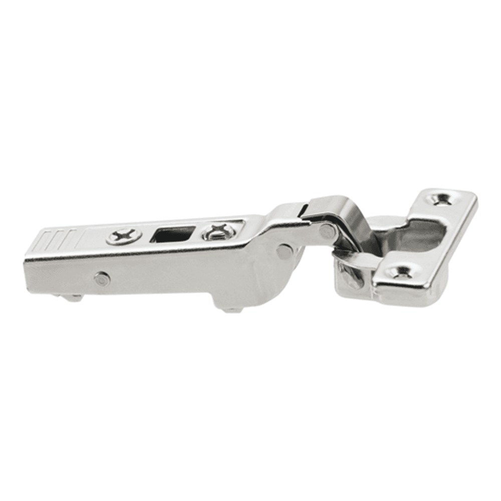 Clip Top 94° Opening Mini Hinge, 38mm Bore Pattern, Self-Closing, Half Overlay, Nickel-Plated, Screw-On - Main Image