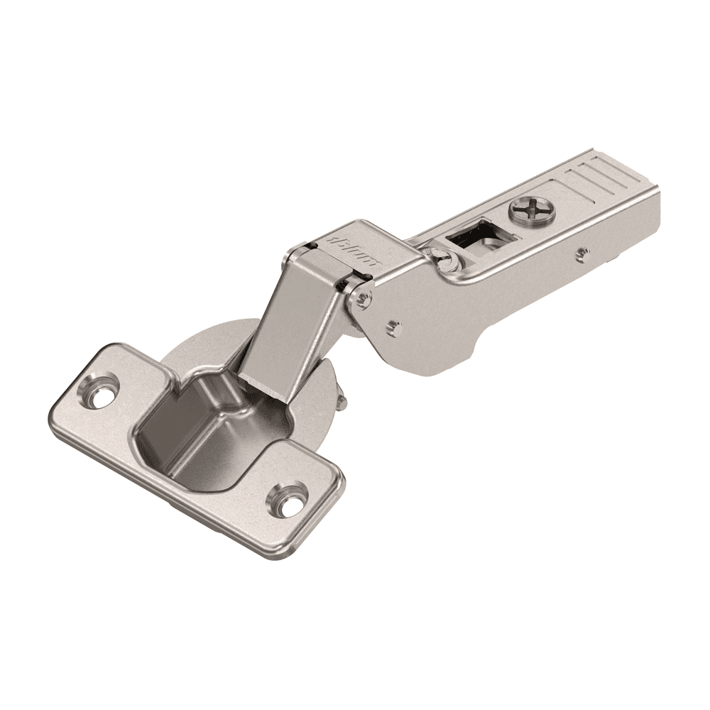 Clip Top 120° Opening Hinge, 45mm Bore Pattern, Self-Closing, Half Overlay, Nickel-Plated, Screw-On - Alt Image 1