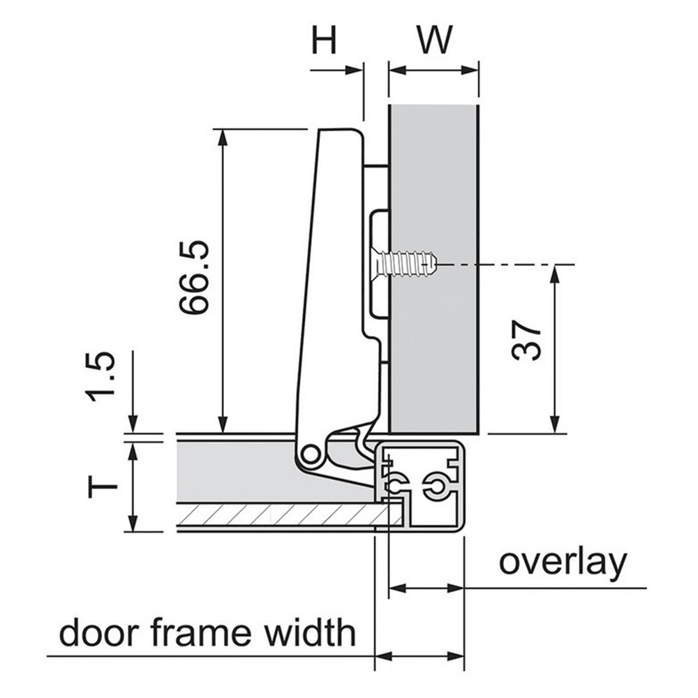 Clip Top 120&#730; Opening Narrow Aluminum Door Hinge, 45mm Bore Pattern, Free-Swinging, Full Overlay, Nickel-Plated, Screw-On - Alt Image 1