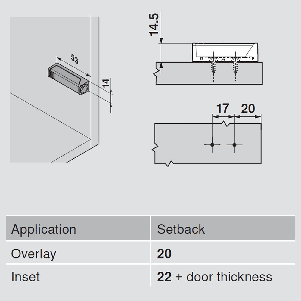Tip-On Push to Open In-Line Adaptor Plate for Standard Doors, Gray - Alt Image 1