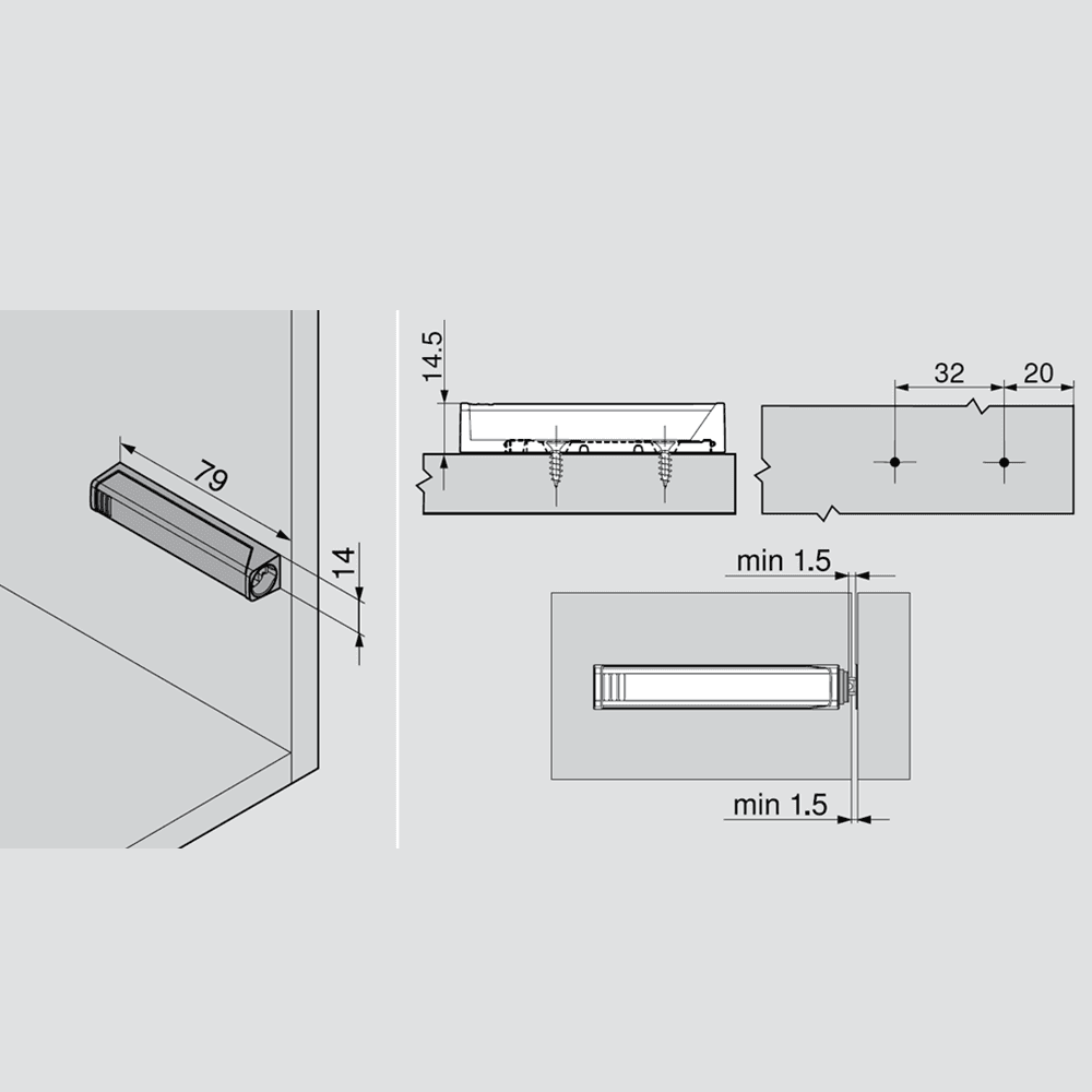 Tip-On Push to Open In-Line Adaptor Plate, Gray - Alt Image 1