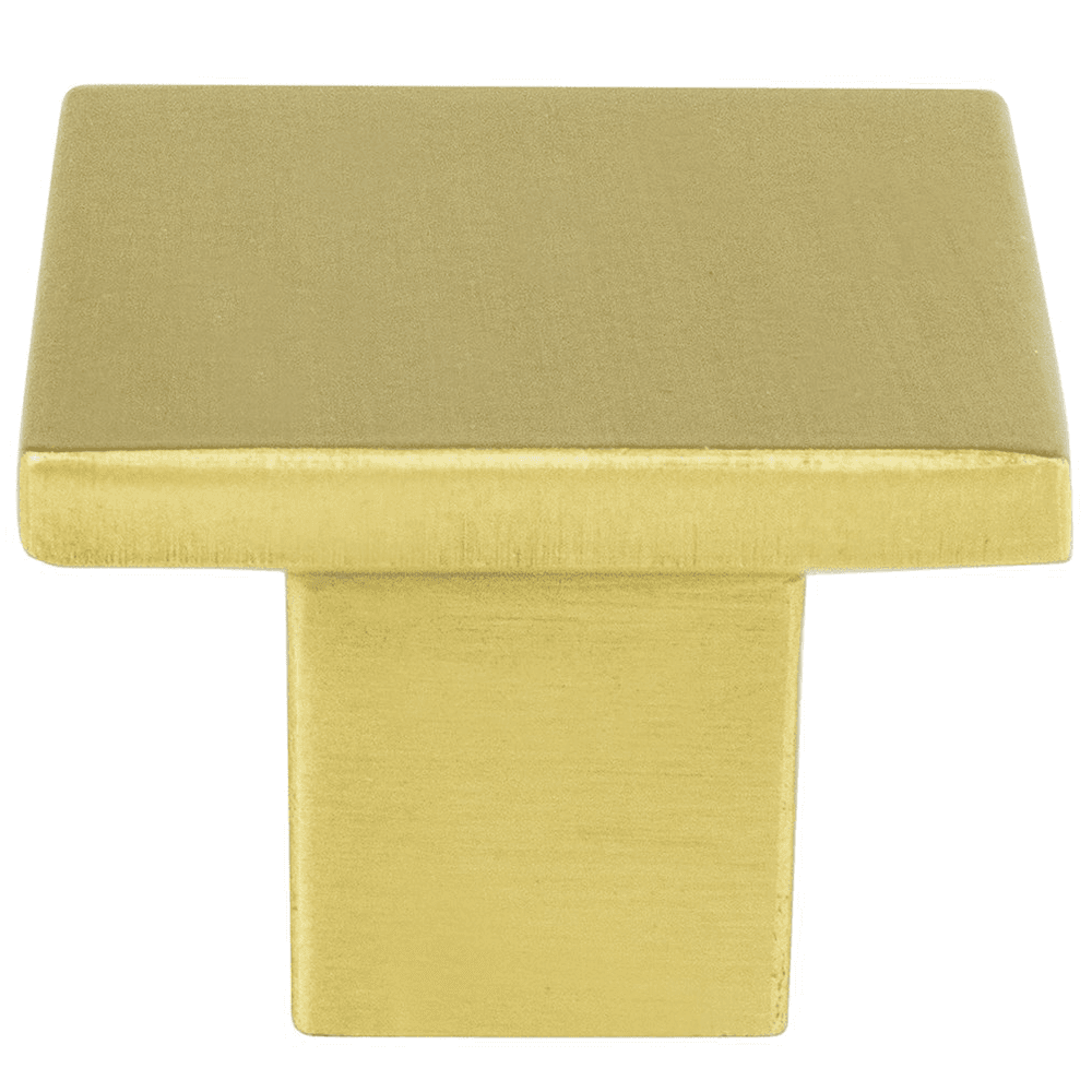 Close-up of the squared shape satin gold Elevate knob with 19/32" base diameter