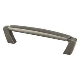 96mm Vested Interest handle pull with straight frame and metallic finish for traditional kitchen cabinets