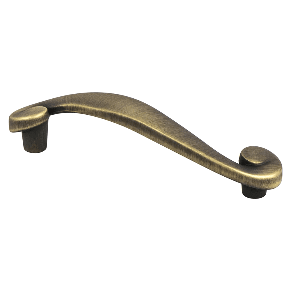 Berenson Hardware 96mm Sonata Handle Pull in Rustic Brushed Brass on a wooden background