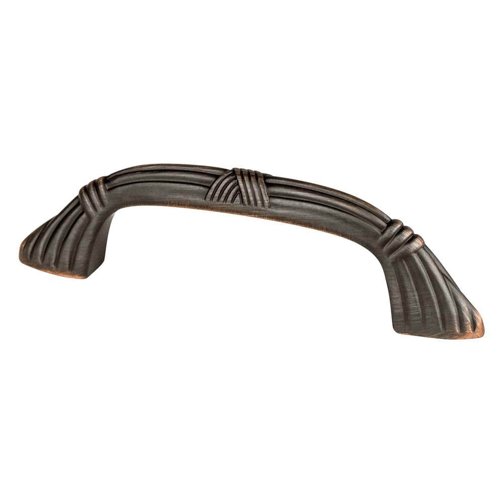 Close-up of Berenson Hardware 3" Toccata Handle Pull Brushed Nickel on cabinet