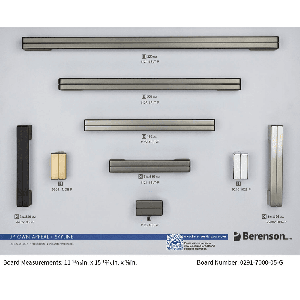 Berenson Skyline Collection decorative hardware display board with Slate finish in various lengths