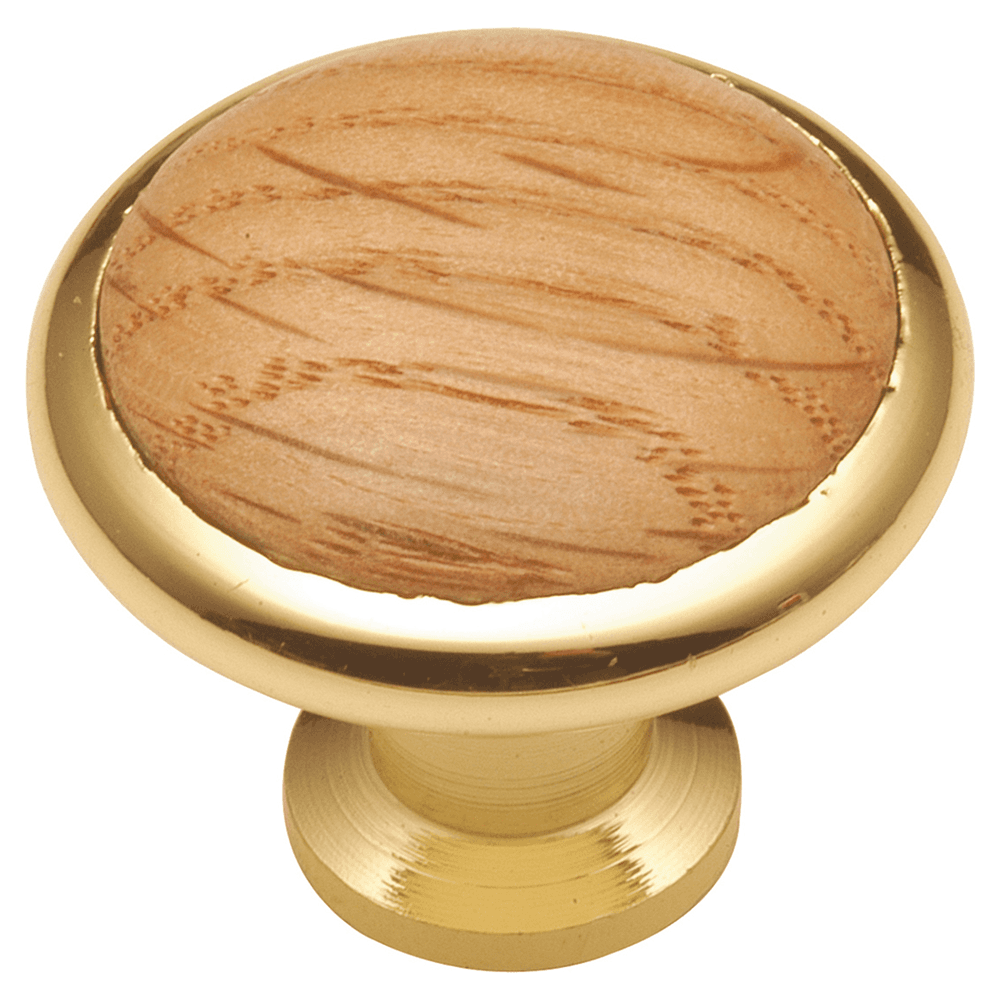 1-5/16" Woodgrain Round Cabinet Knob, Polished Brass/Oak Main - Image