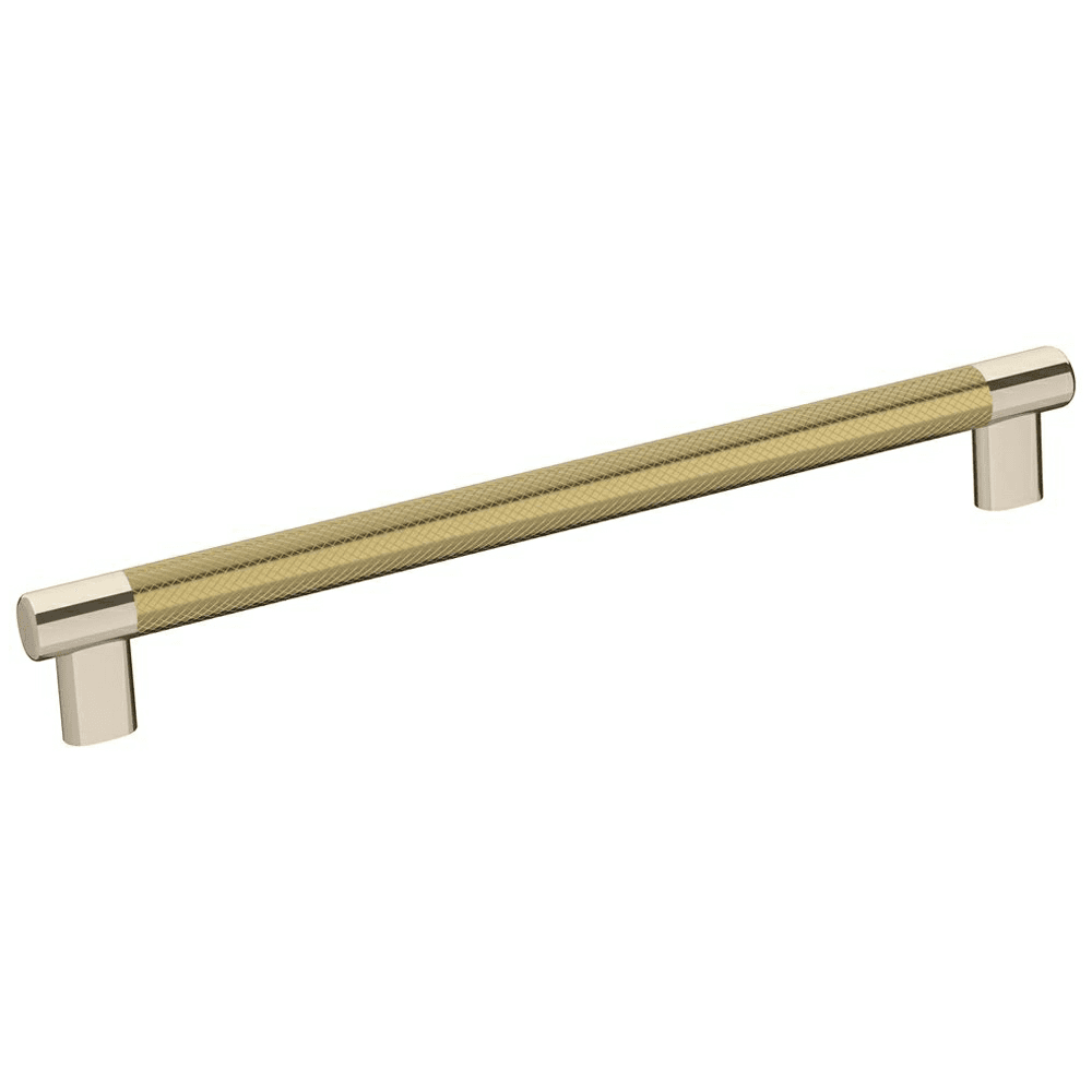 Amerock's upscale crosshatch texture paired with metallic ends for cutting-edge cabinet hardware.