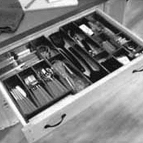 Stainless steel cutlery trays and utensil dividers for Blum's Orga-Line 4-Tried Adjustable Combo Tray