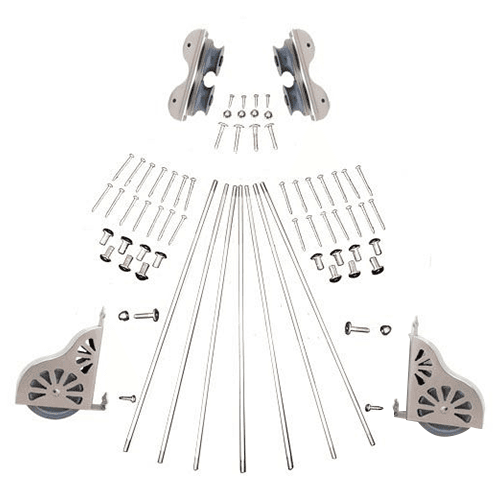 Quiet Glide Satin Nickel Rolling Hardware Kit for 20" Wide Library Ladder with Top Guides and Bottom Wheels