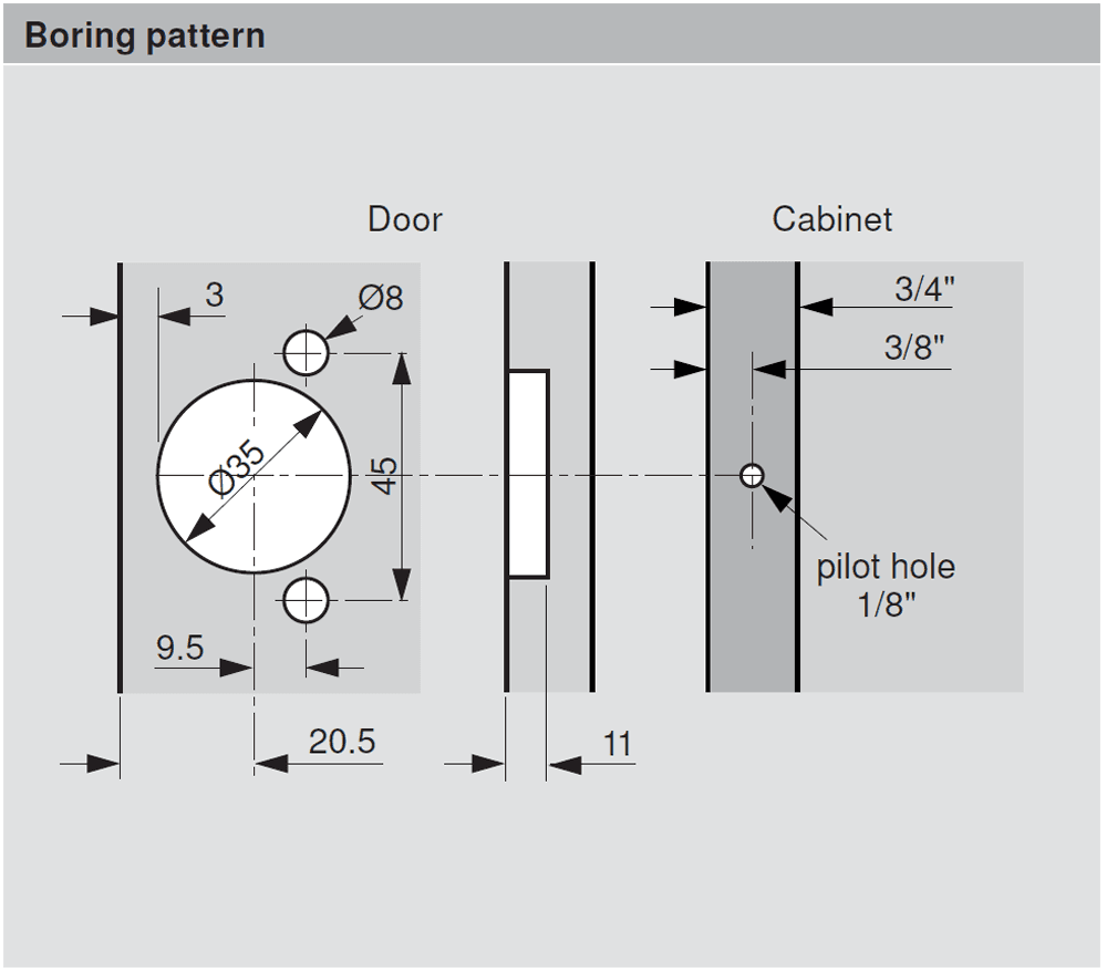 Compact 38N 105&#730; Opening Wrap-Around Face Frame Hinge, 45mm Boring Pattern, Self-Closing, 1/2" Overlay, Dowelled - Alt Image 1