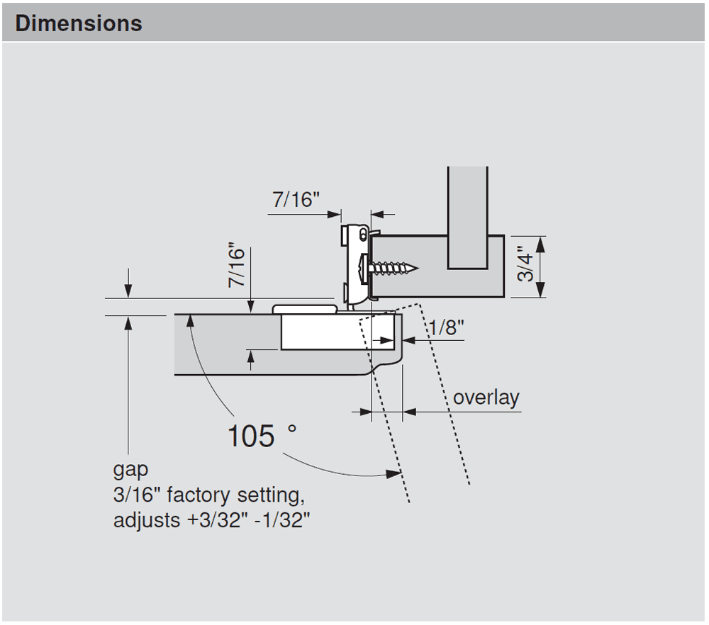 Compact 38N 105&#730; Opening Wrap-Around Face Frame Hinge, 45mm Boring Pattern, Self-Closing, 1/2" Overlay, Dowelled - Alt Image 2